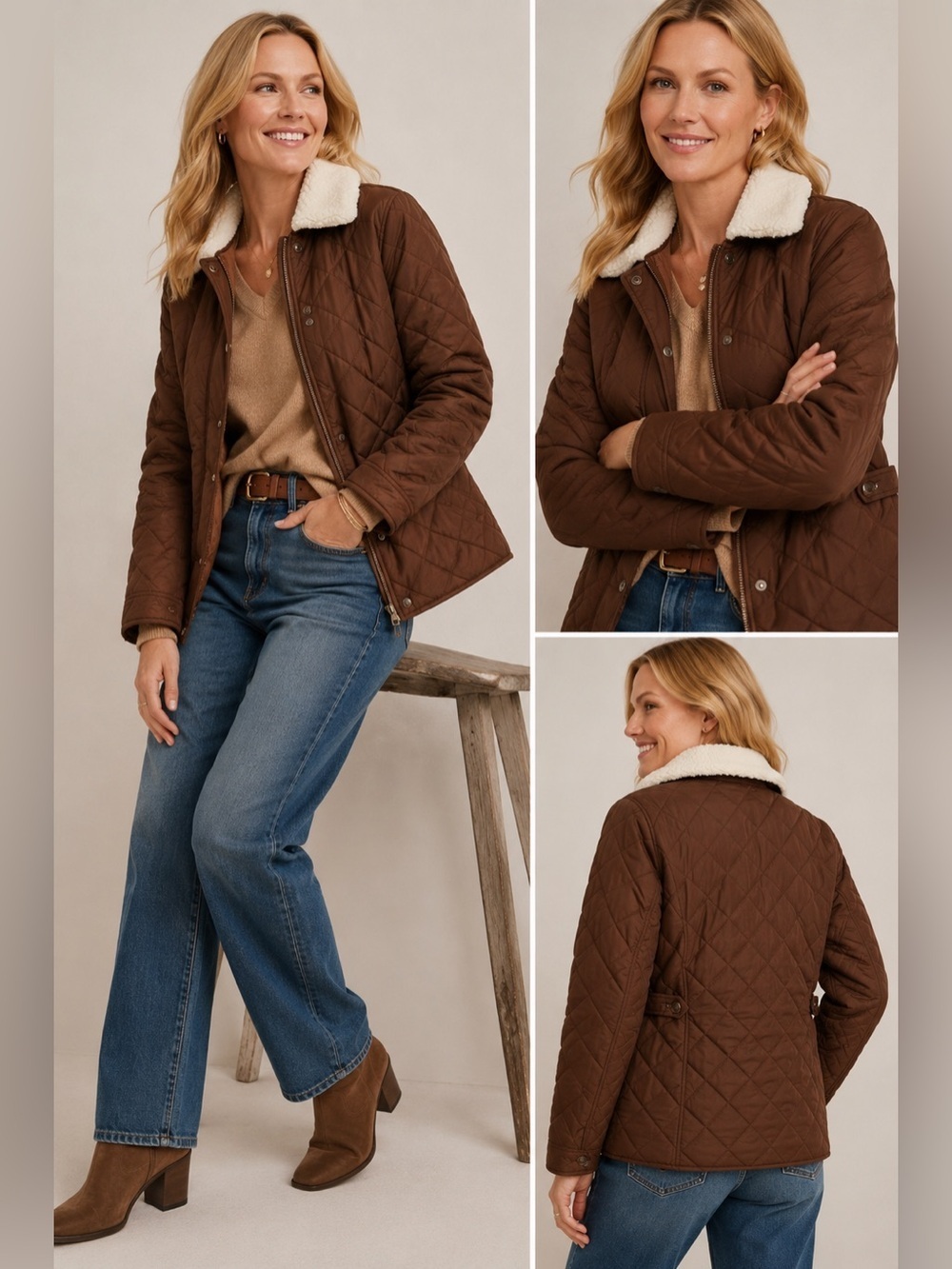 Talbots Petites Brown Quilted Bomber Jacket Shearling Collar Size SP